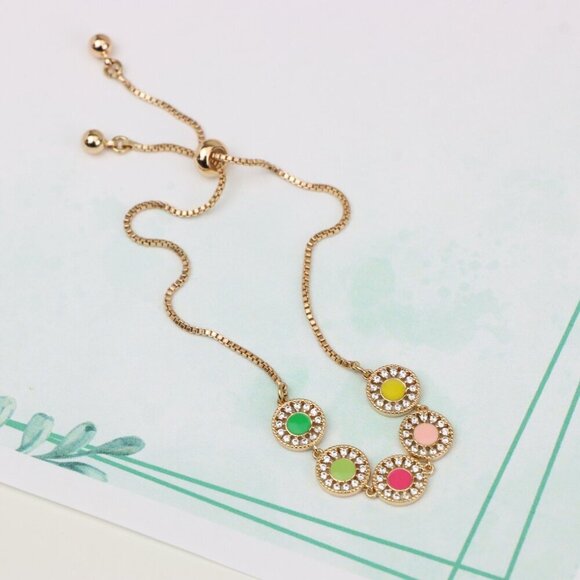 Rose Gold Adjustable Bracelet with Colorful CZ Disc Charms, XPAB0659 - Picture 2 of 12